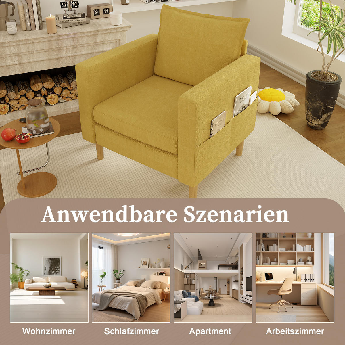 SESSEL Chenille Senfgelb mit Seitentasche - Gelb, Holz/Holzwerkstoff (71/82/68cm) - WISHDOR