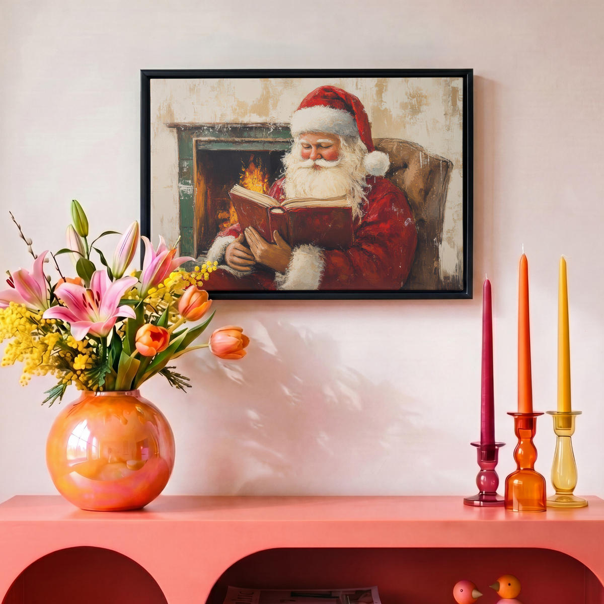 LEINWAND Bilder mit Rahmen - Weihnachten - Weihnachtsmann - Winter - Open Fireside - 30x20 - Dunkelrot, Textil (30/20cm) - MuchoWow