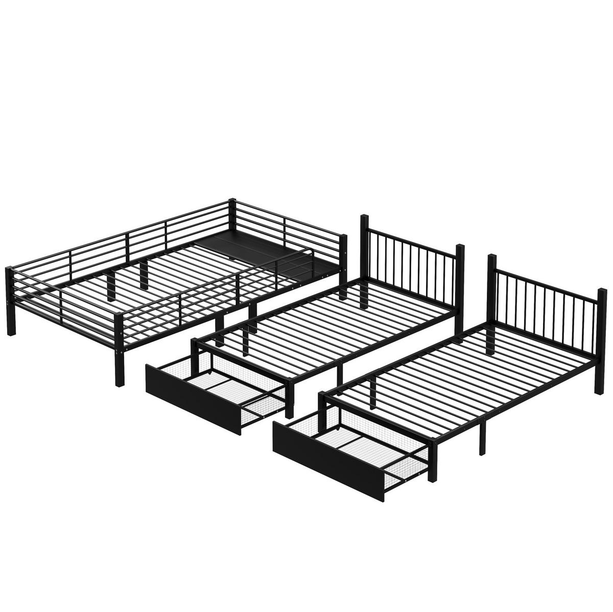 ETAGENBETT 140/200 & 2x 90/200 cm teilbar, mit 2 Schubladen und Absturzsicherung, Schwarz - Schwarz, Metall (140/200cm) - Redom