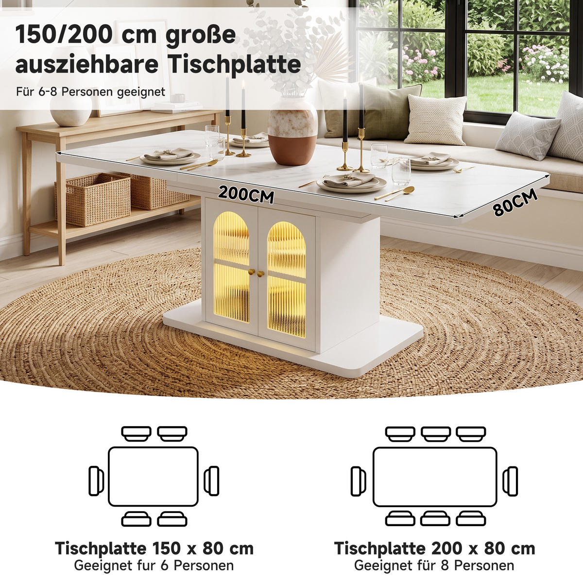 JÍDELNÍ STŮL rozkládací 150-200cm LED bílý mramor - bílá, kompozitní dřevo (80/200/76cm) - FLIEKS