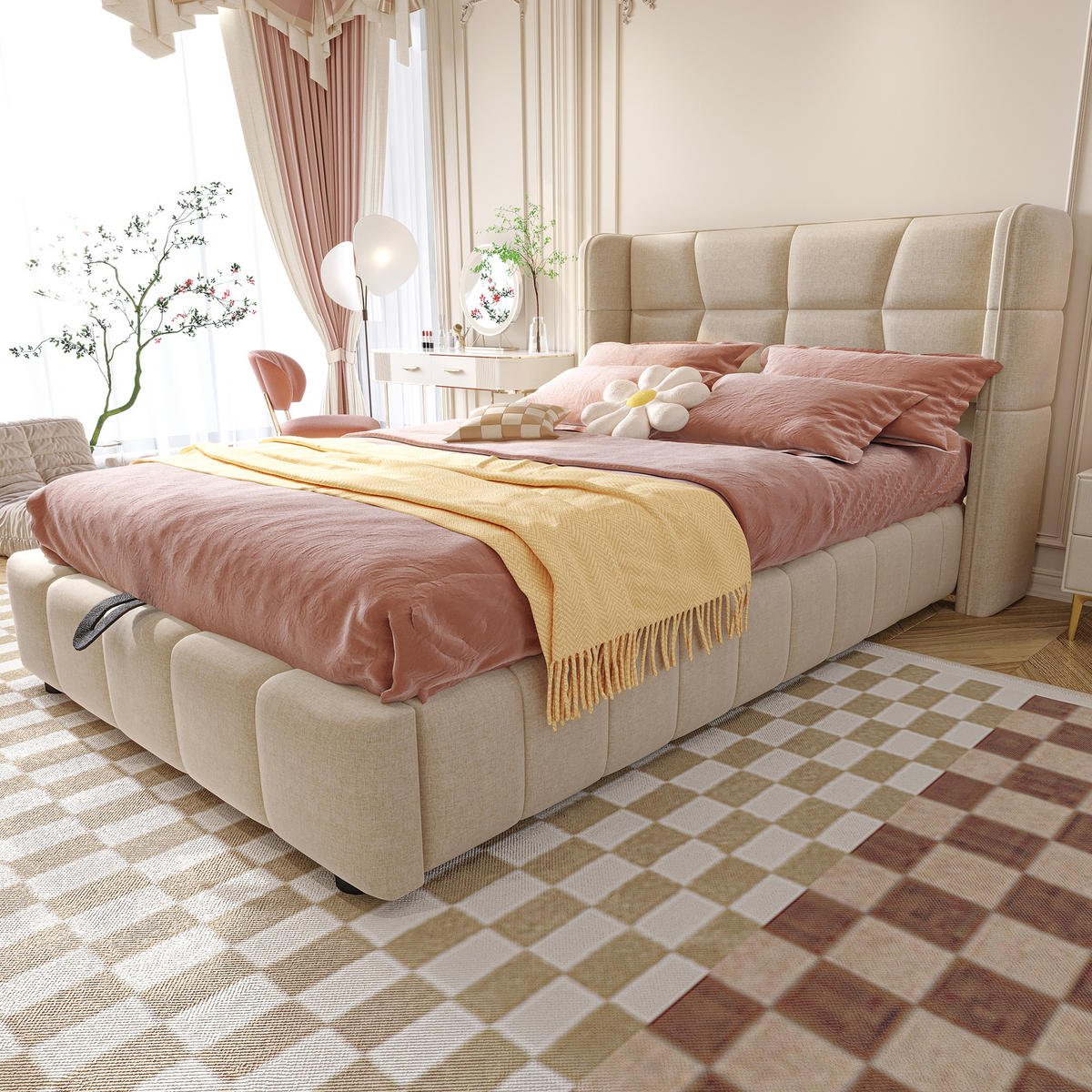 ČALOUNĚNÁ POSTEL 90/200 cm v béžové barvě s úložným prostorem ze lnu - béžová, kov/kompozitní dřevo (90/200cm) - CHICFURN