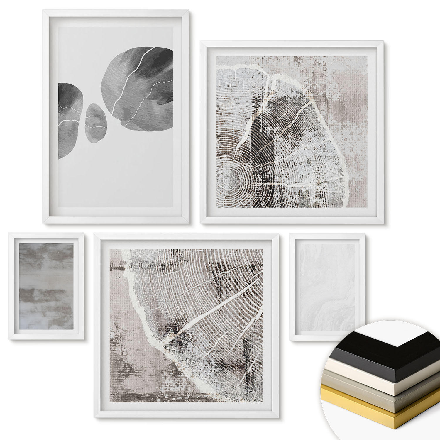 WANDBILDER 5er-Set - 50x50 cm & 20x30 cm & 40x60 cm Weißer Rahmen - Abstrakte moderne Formen - Weiß, Kunststoff (40/60cm) - ArtPrintCave