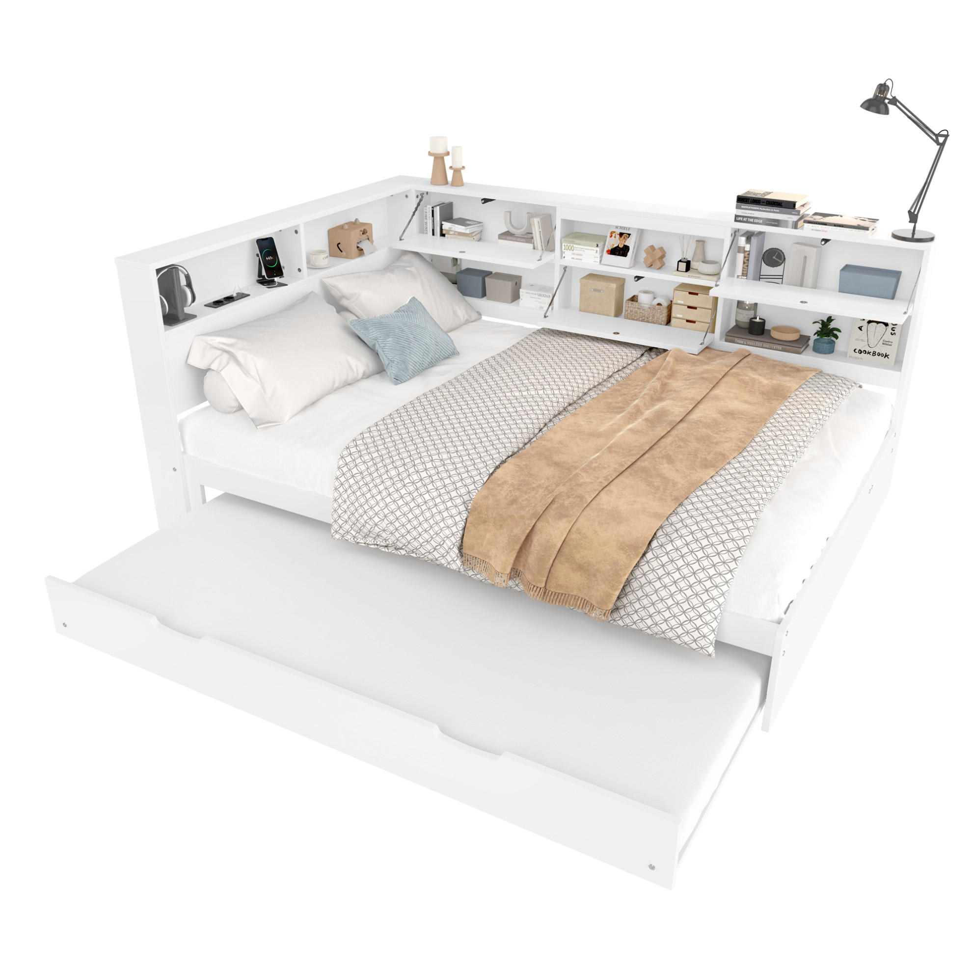 AUSZIEHBETT 140/200 cm in Weiß mit Stauraum und USB- und Type-C-Anschlüssen - Weiß, Holzwerkstoff (140/200cm) - Flora Grace