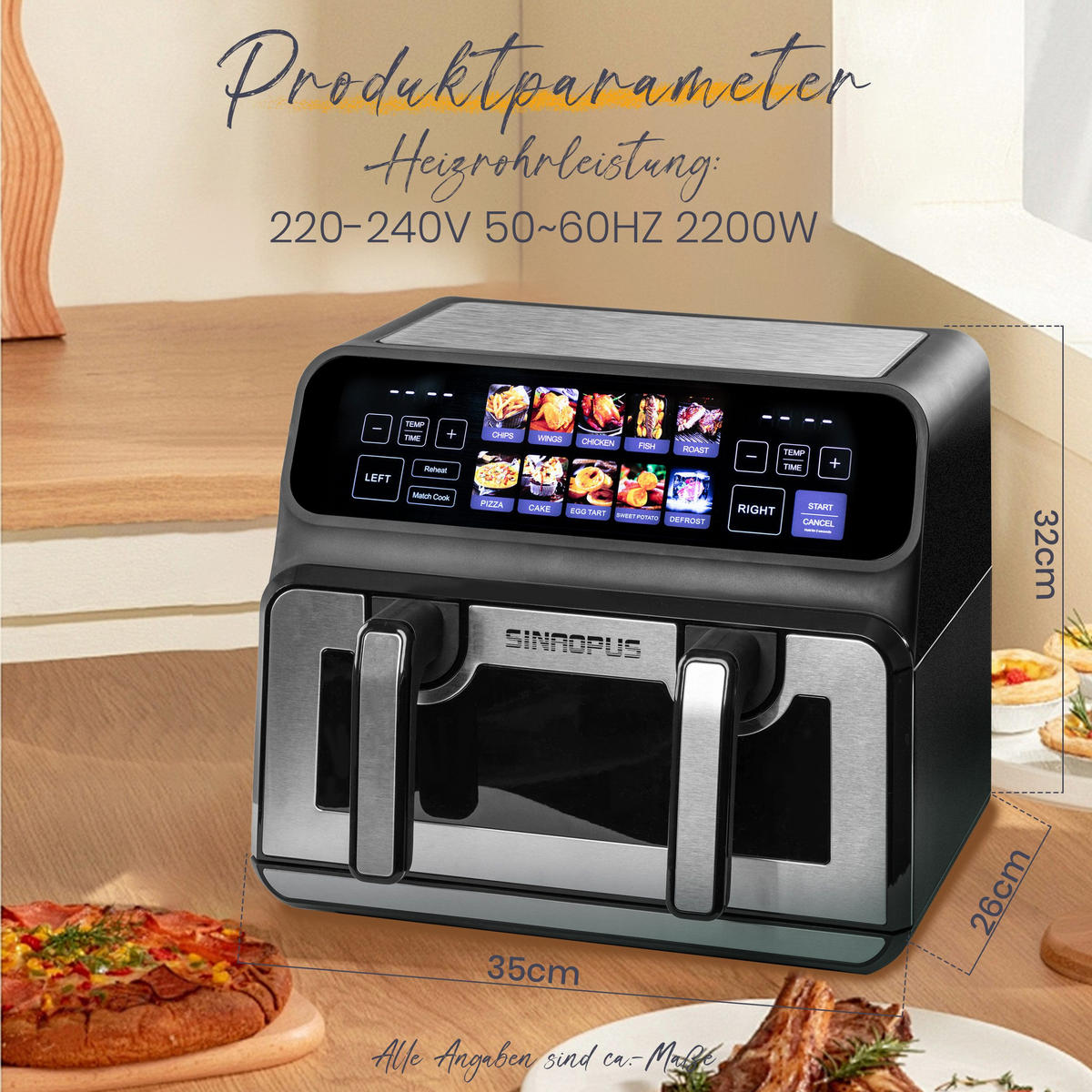 HEISSLUFTFRITTEUSE Doppelkammer 9L 10-in-1 flexibler XXL-Modus - Silberfarben, Metall (35/32/26cm)