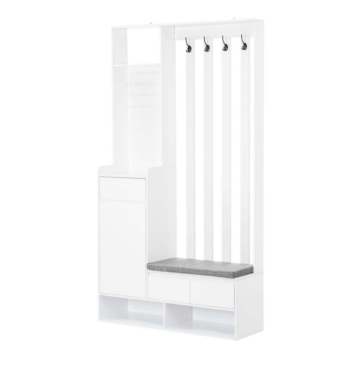 FLURGARDEROBE 35/100/180 cm mit Sitzbank, Stecktafel, Schublade und 4 Haken, Weiß - Weiß, Holzwerkstoff (100/180/35cm) - Redom