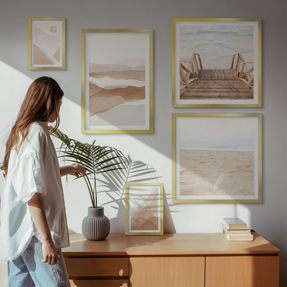 WANDBILDER 5er Set - 50x50 cm & 20x30 cm & 40x60 cm Goldrahmen - Abstrakte braune Landschaften - Goldfarben, Kunststoff (40/60cm) - ArtPrintCave