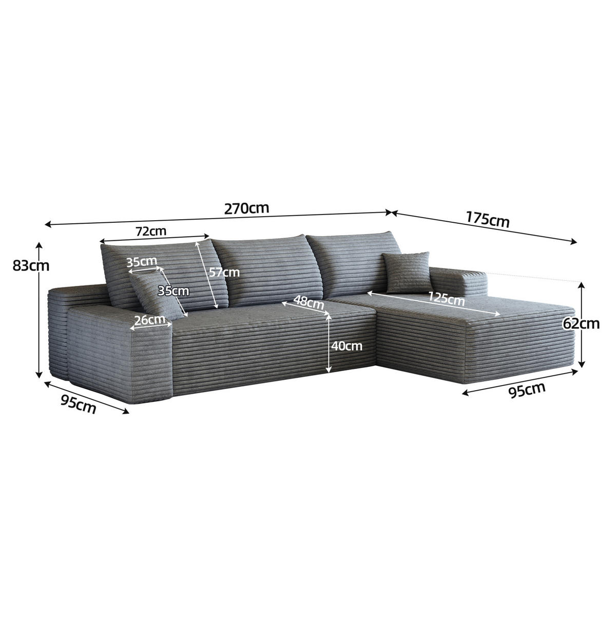 ECKSOFA 270/175/83 cm in Grau aus Cord mit weicher Polsterung - Grau, Textil (175/270cm) - Flora Grace