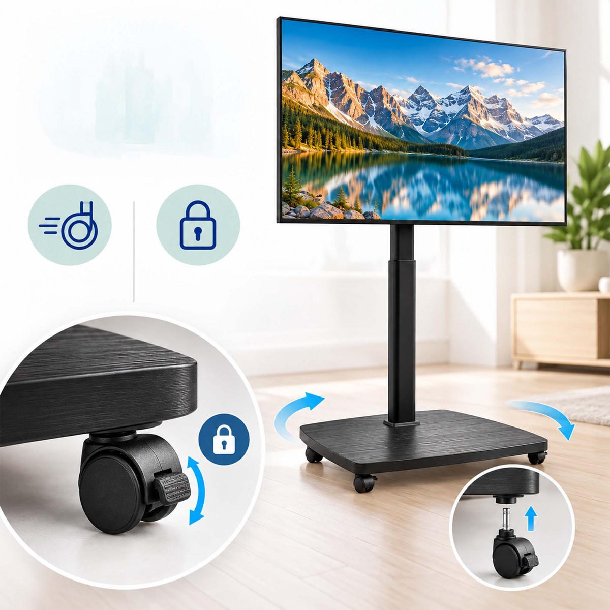 SUPORT Alb natural cu roți pentru TV 43-75 inch - alb, compozit lemnos/metal (60/134.5/38cm) - Relaxdays