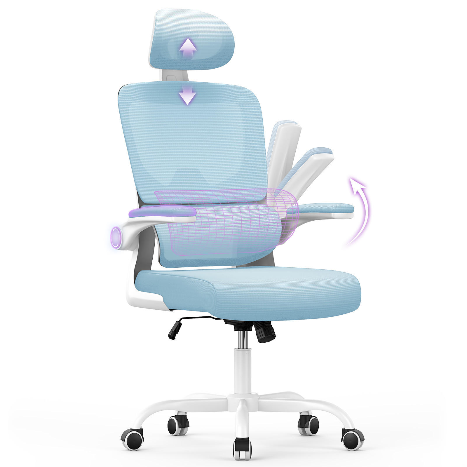 BÜROSTUHL Weiß-Blau ergonomisch mit klappbaren Armlehnen - Blau, Metall (25/52.5/65cm) - Rattrix