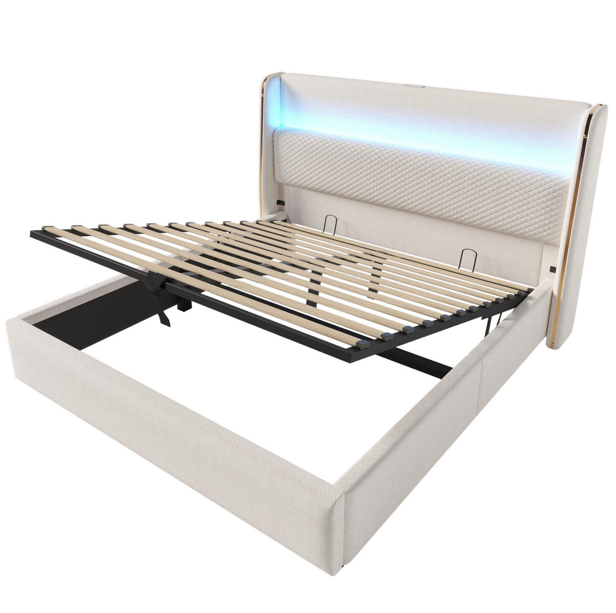 POLSTERBETT mit LED-Beleuchtung 160/200 cm mit Bettkasten und USB/Type-C - Beige, Textil (160/200cm) - BEAOK