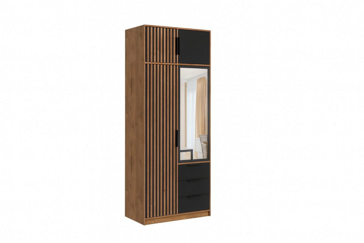 DREHTÜRENSCHRANK LABOO LUX 100/200/58 cm in Eiche Wotan / Schwarz mit Lamellen und Aufsatz - Eiche Wotan/Schwarz, Holzwerkstoff (100/245/58cm) - Deine Möbel 24