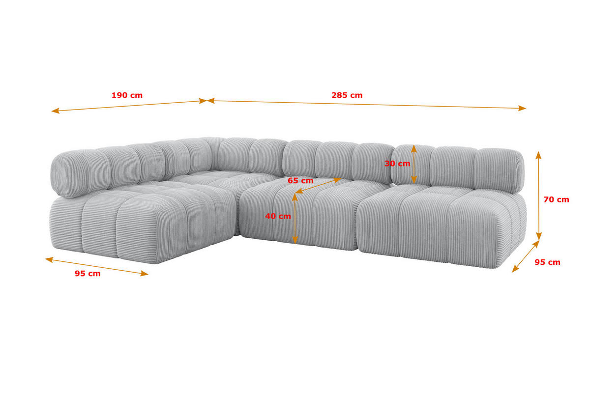 ECKSOFA modulares Sofa Samaro-L2 - 285x190x70 cm Grau Cord - Grau, Holzwerkstoff/Textil (285/190cm) - ALTDECOR