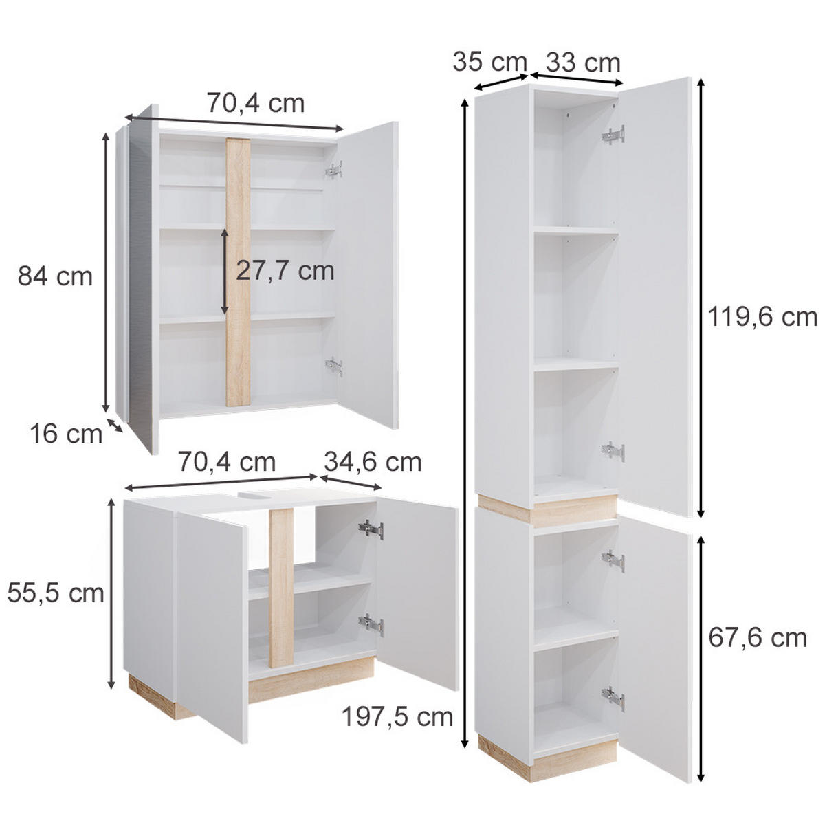 BADMÖBEL-SET Gloria Weiß 3 Teile, mit Hochschrank - Weiß/Sonoma Eiche, Holzwerkstoff (70/55/34cm) - Vicco
