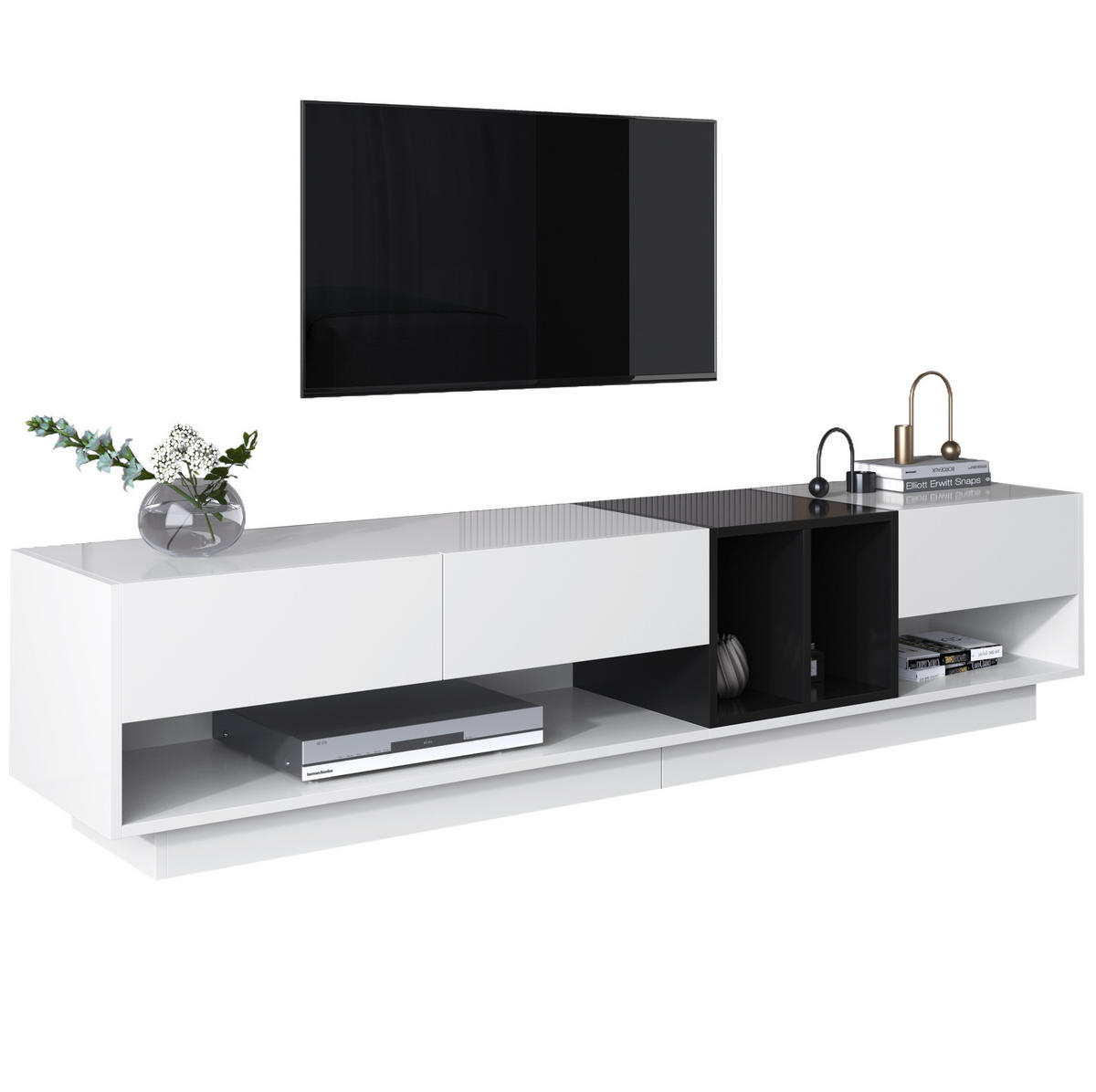TV-LOWBOARD aus Spanplatte 190x40x42 cm Schwarz-Weiß Hochglanz mit 3 Schubladen - Schwarz, Holzwerkstoff (190/42/40cm) - IVMEU