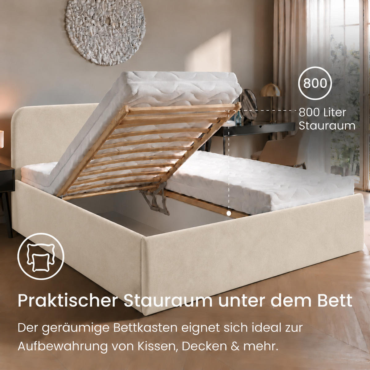 POLSTERBETT 200x200 cm Microvelours in Vanille - Creme, Textil (200/200cm) - Home Collective