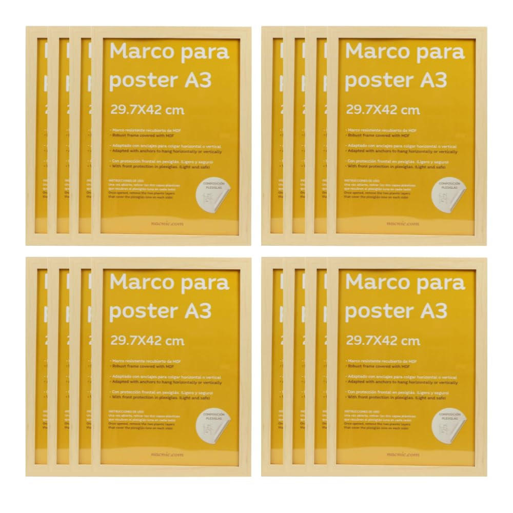 RAHMEN Set mit 12 aus MDF und Acrylglas Schutz und Aussteller für Fotografien, Bilder, Poster, Gemälde, Dekoration für Haus Farbe Hellholz A3 - Beige, Holz (29.7/3/42cm) - Nacnic
