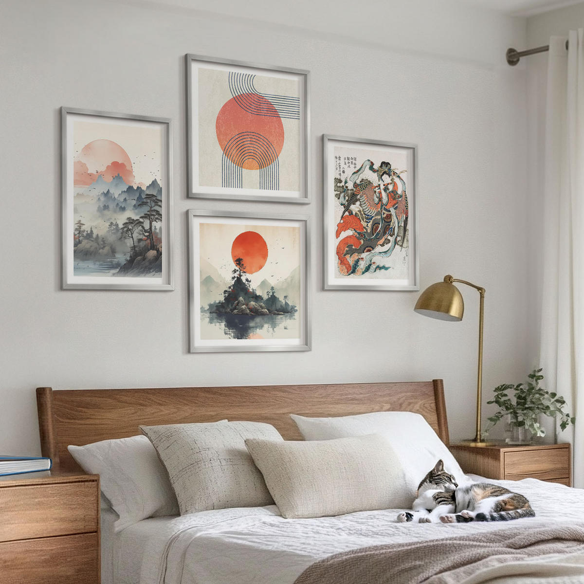 BILDER SET 4er Set - 50x50 cm & 40x60 cm Silberner Rahmen - Asiatische Landschaften Japandi - Silberfarben, Kunststoff (50/50cm) - TULUP