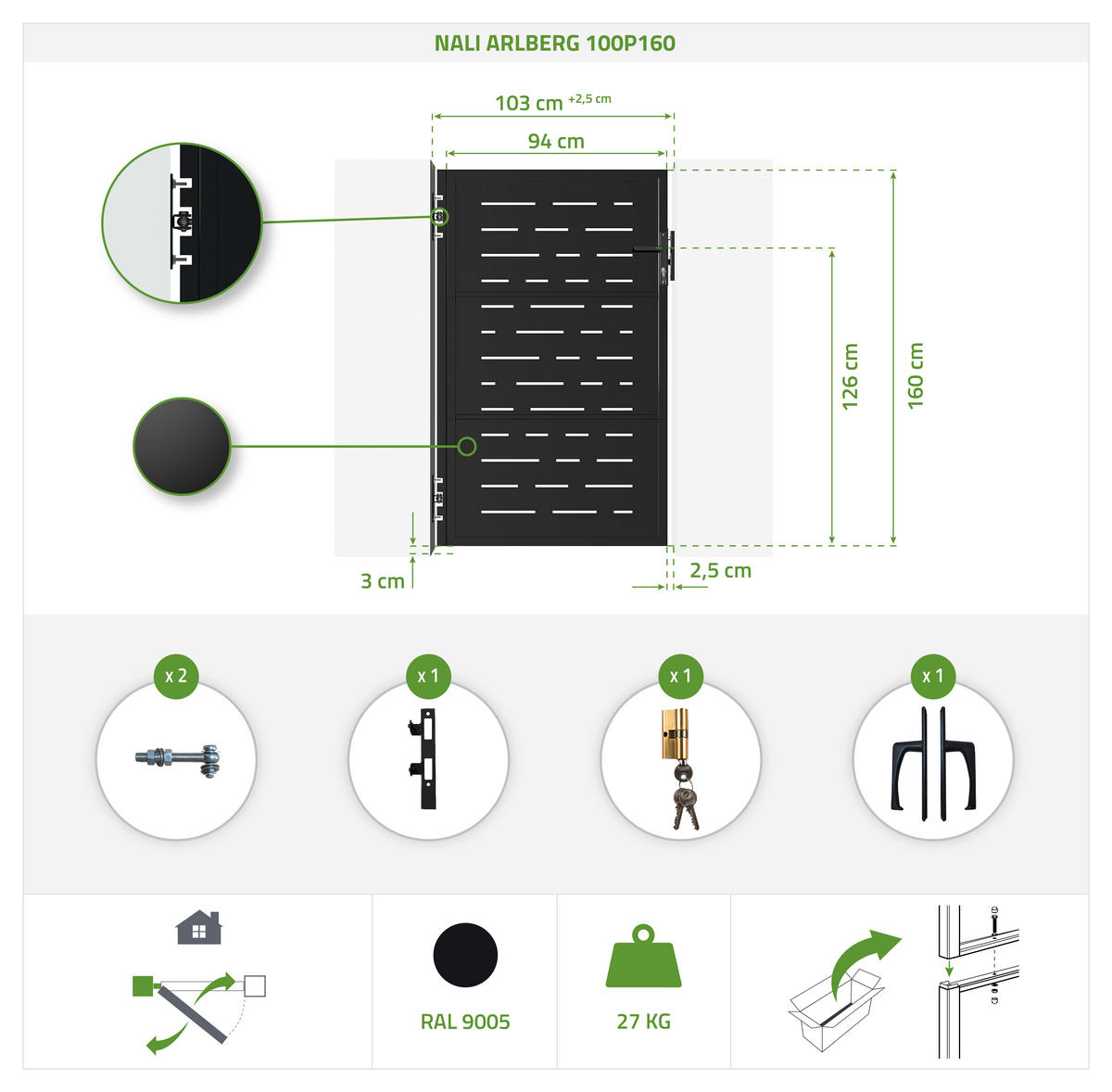 DREHTORPAKET Nali Arlberg Mattschwarz 3m H.160cm + TOR 1m H.160cm - Schwarz, Metall (293/160cm) - Casanoov