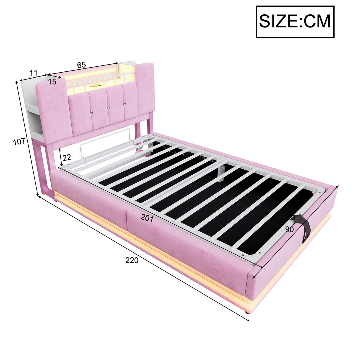 KINDERBETT mit LED, USB und Stauraum 90x200 cm Rosa - Pink, Metall (90/200cm) - Meubliv