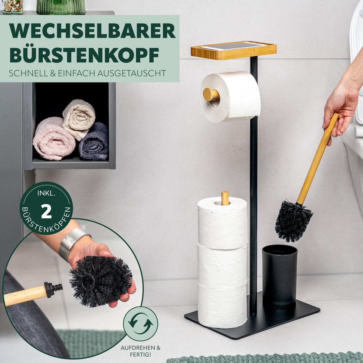 STAND-WC-GARNITUR 4in1, Bambus/Metall schwarz - Schwarz, Metall (30/68/20cm) - eluno