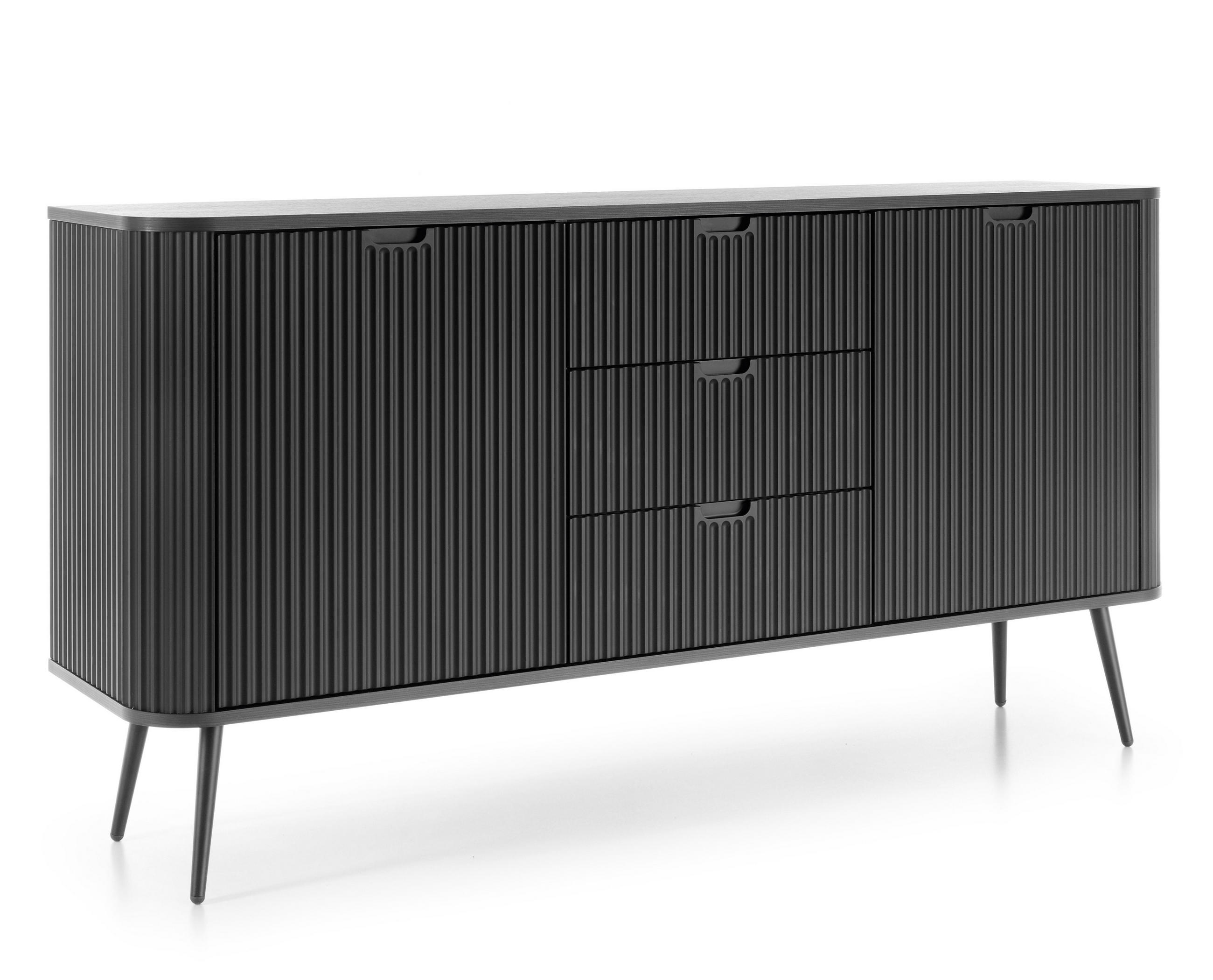 SIDEBOARD Salvia 2T 3S Schwarz 168/87/39 cm – mit geriffelten Fronten und hohen Beinen - Schwarz, Holzwerkstoff/Metall (168/87/39cm) - AX Living