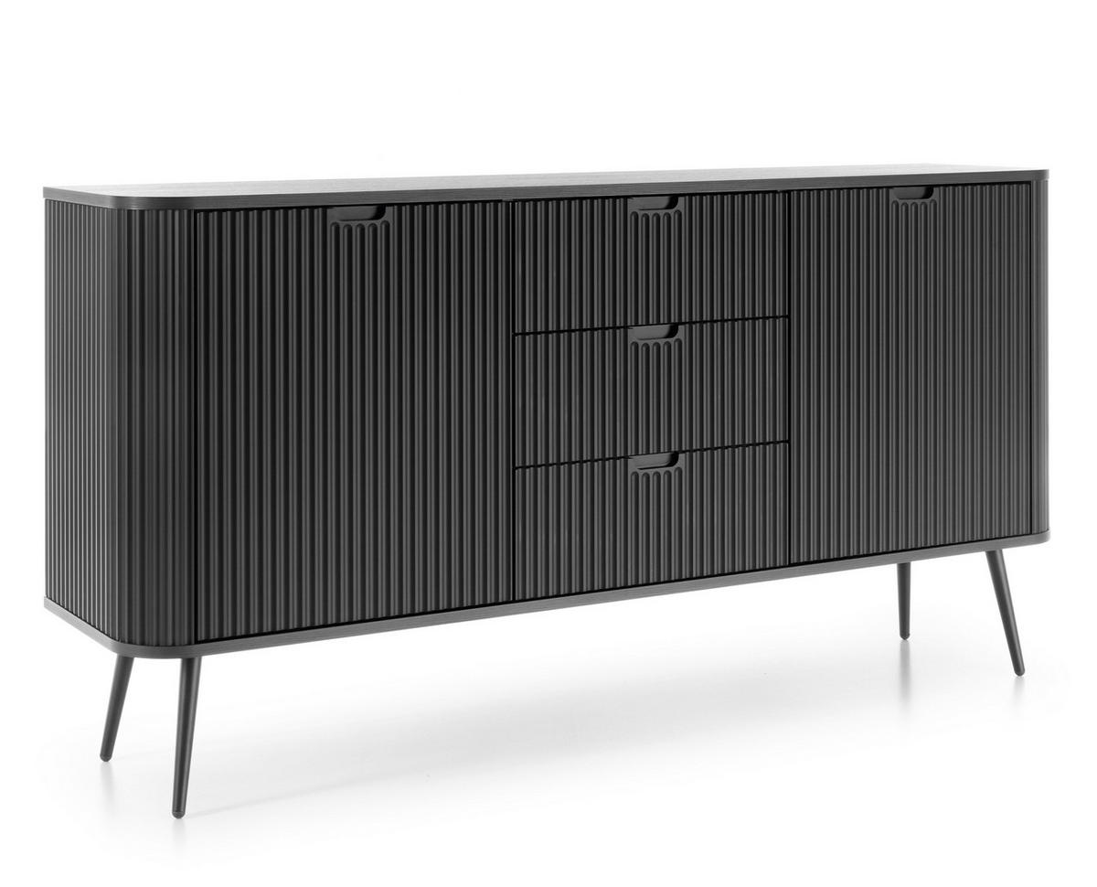 SIDEBOARD Salvia 2T 3S Schwarz 168/87/39 cm – mit geriffelten Fronten und hohen Beinen - Schwarz, Holzwerkstoff/Metall (168/87/39cm) - AX Living
