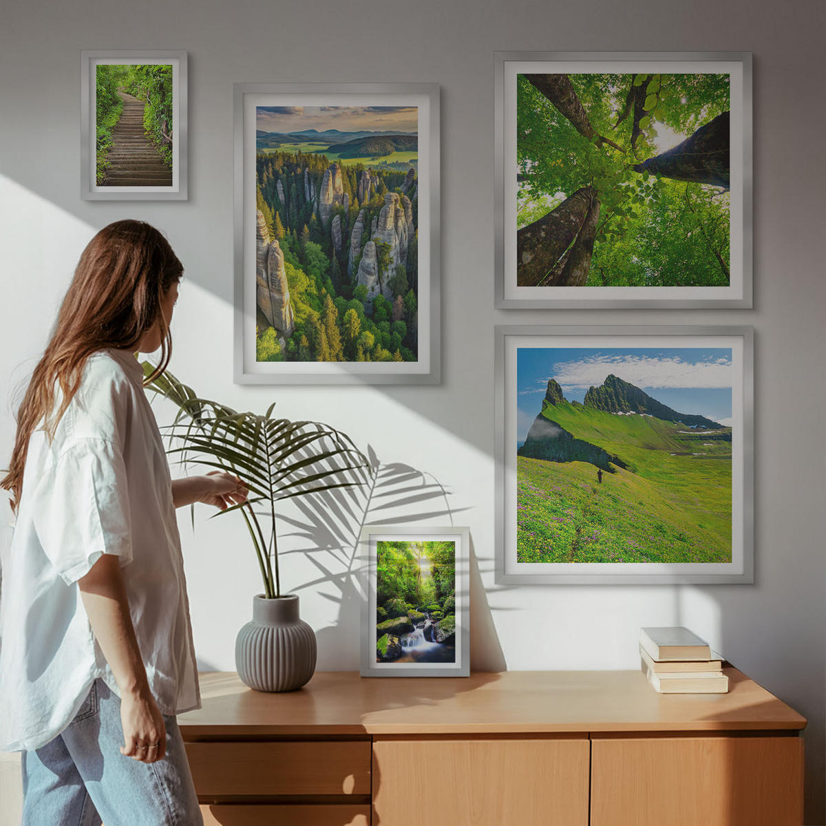 WANDBILDER 5er Set - 50x50 cm & 20x30 cm & 40x60 cm Silberner Rahmen - Grüne Berge Wasserfallwald - Silberfarben, Kunststoff (40/60cm) - ArtPrintCave