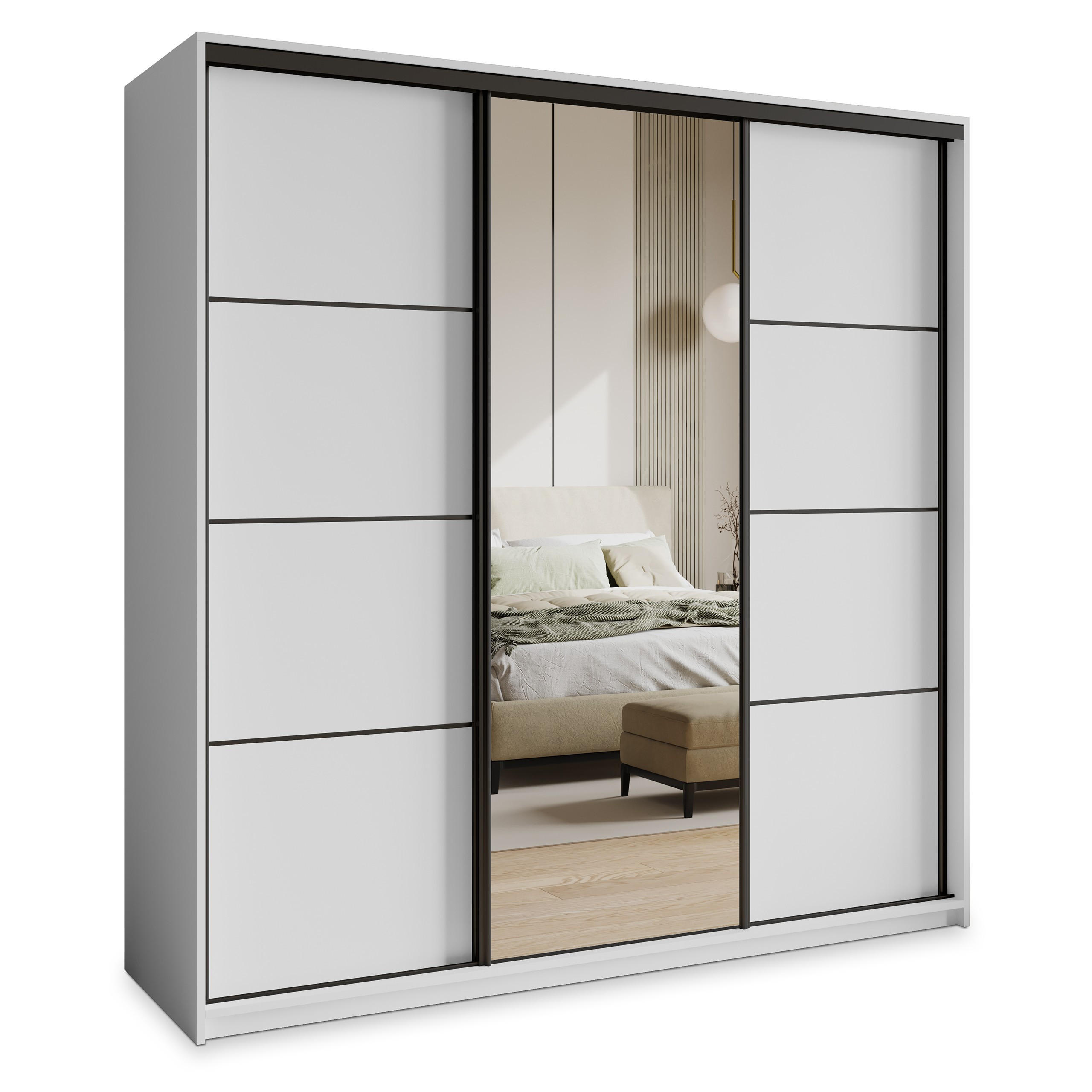 SCHWEBETÜRENSCHRANK VARO 180/205/60 cm 3-türig mit Spiegel und Schubladen Weiß - Schwarz/Weiß, Holzwerkstoff (180/205/60cm) - MASSENO