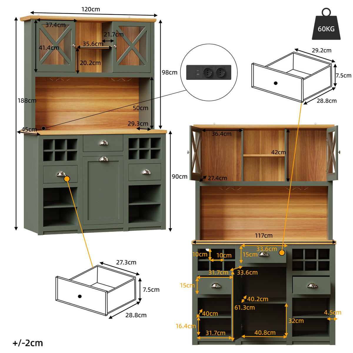 BUFFET 120/45/188 cm antikgrün aus MDF und Glas mit LED - Dunkelgrün, Holzwerkstoff (120/188/45cm) - OKWISH