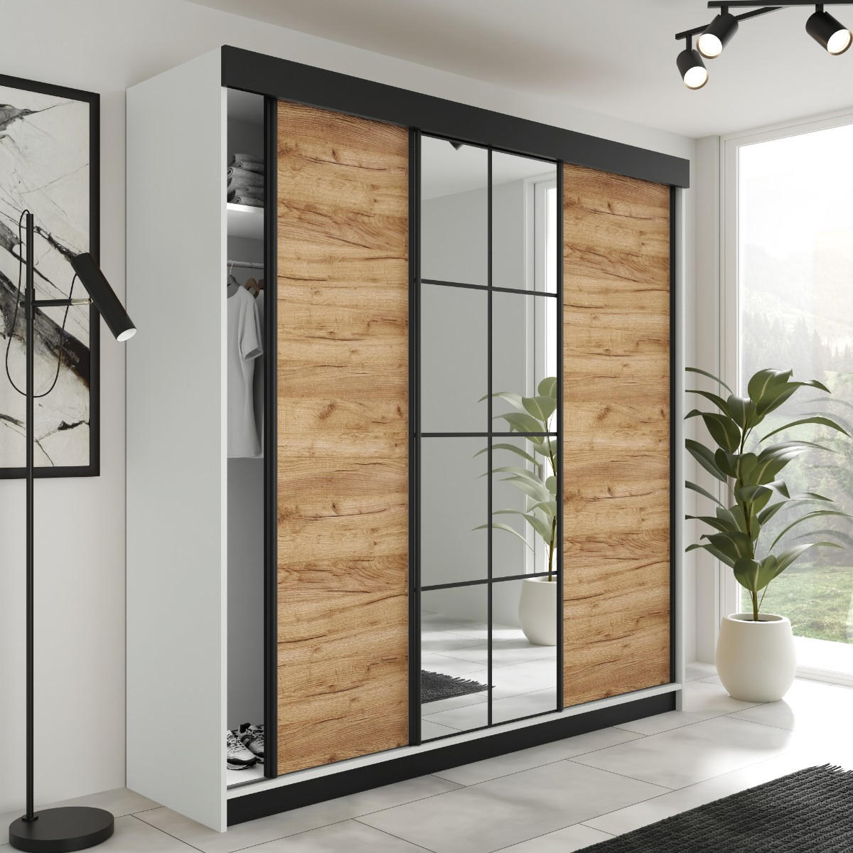 SCHIEBETÜRENSCHRANK LAMARO - 250x205x59cm - Weiß & Eiche Craft Gold - Honigeiche/Weiß, Holzwerkstoff (250/205/59cm) - Kier Furniture