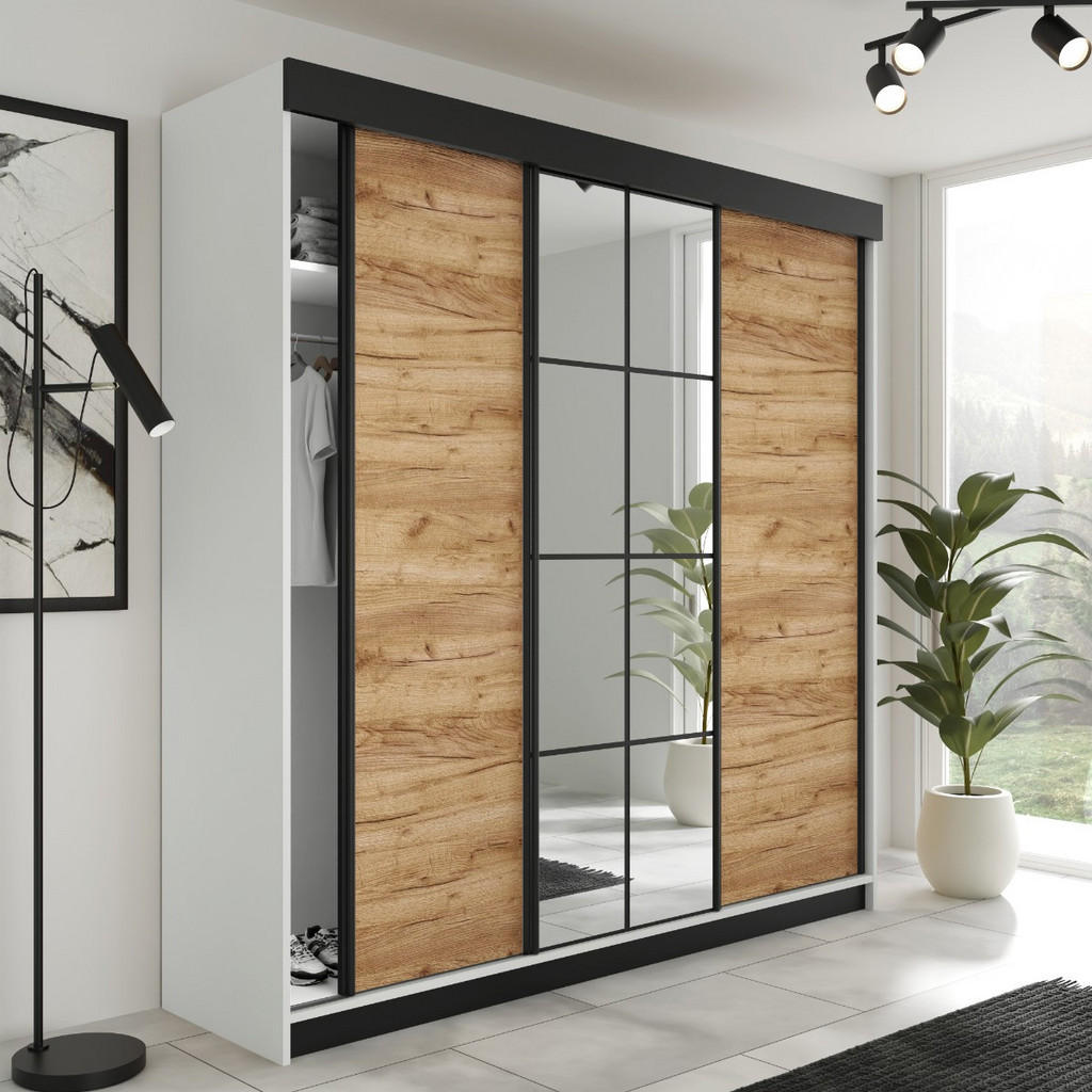 Thumbnail - Kier Furniture Schiebetürenschrank, Weiß, Honigeiche, Holzwerkstoff, 200x205x59 cm, Schlafzimmer, Kleiderschränke, Schwe...