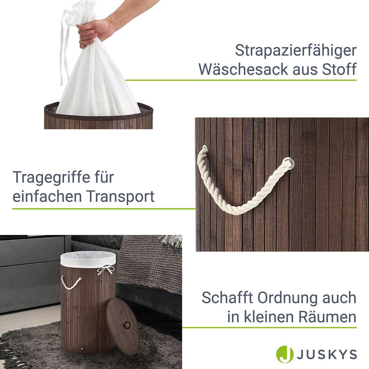 WÄSCHEKORB Curly-Round 55 L natur - Braun, Holz (35/60/35cm) - Juskys