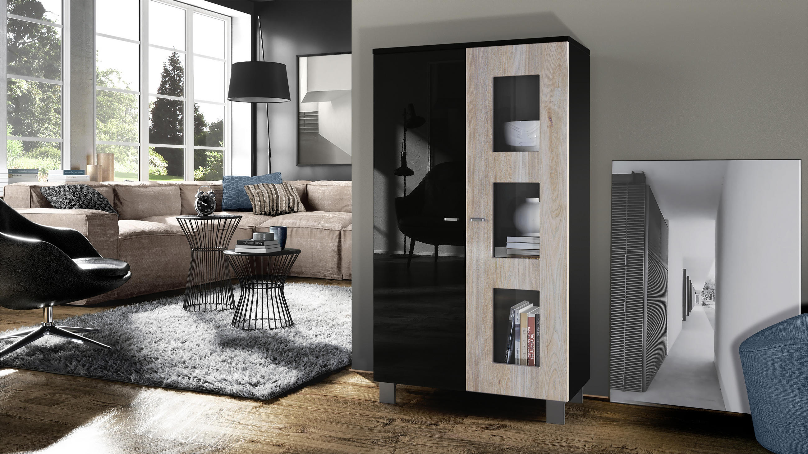 VITRINE Denjo Tür in Eiche Nordic - Silbereichenfarben, Holzwerkstoff (71/129/35cm) - Vladon