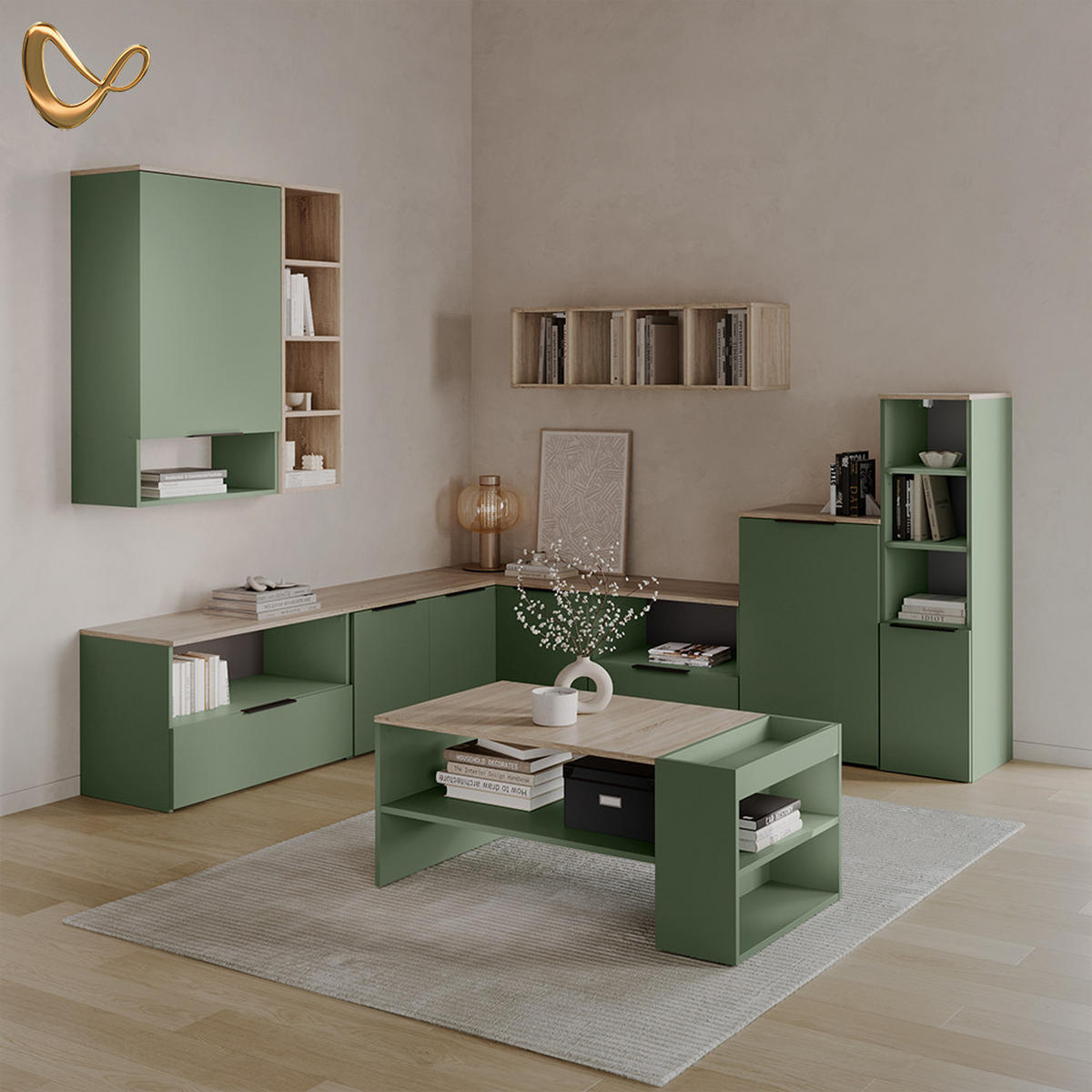 KOMMODE Piave Grün mit Regal - Grün, Holzwerkstoff (50/80/40cm) - Livinity®