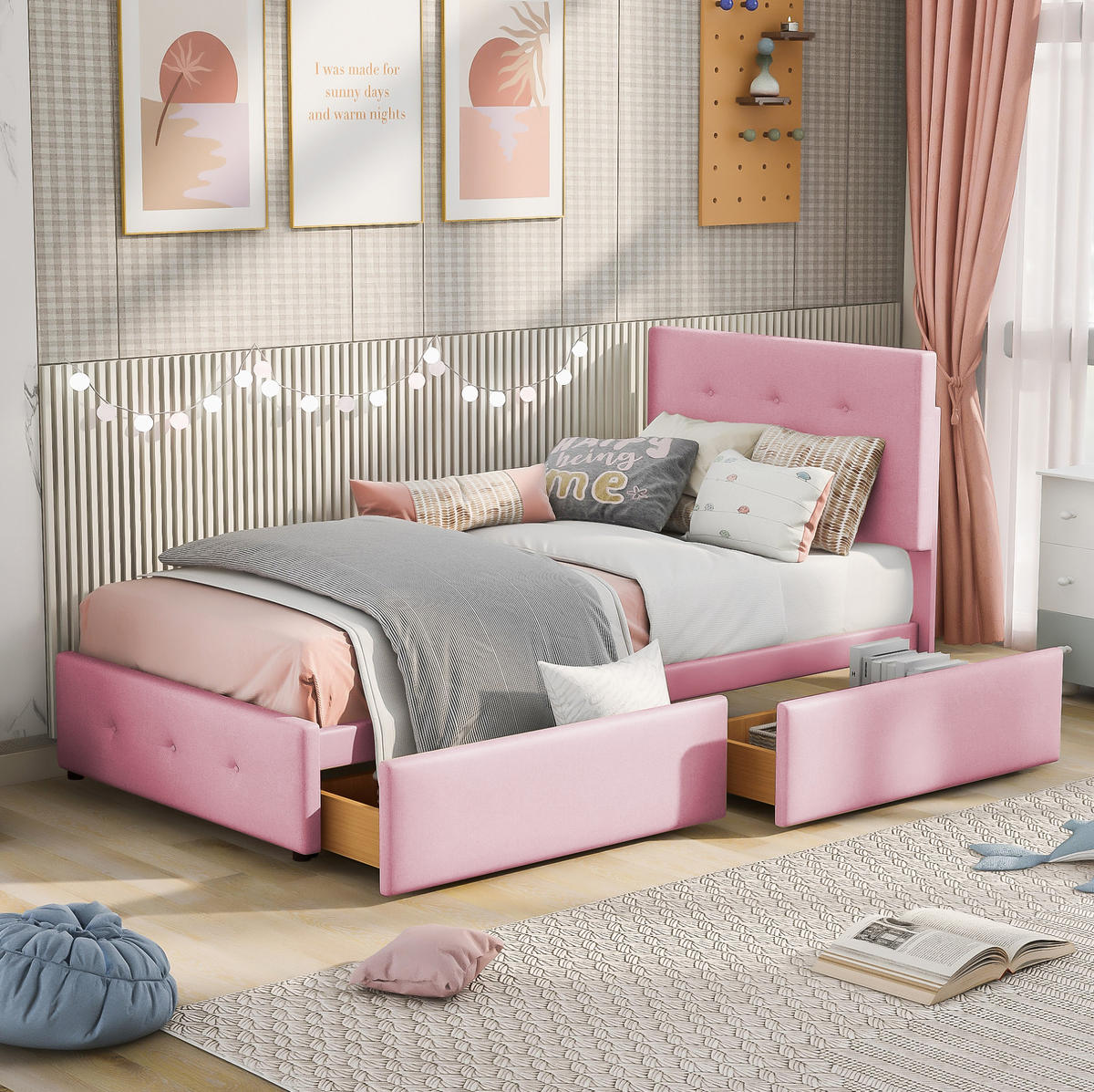 DETSKÁ posteľ 90/200 cm ružová zo zamatu so zásuvkou a lamelovým roštom - pink, textil (90/200cm) - OKWISH