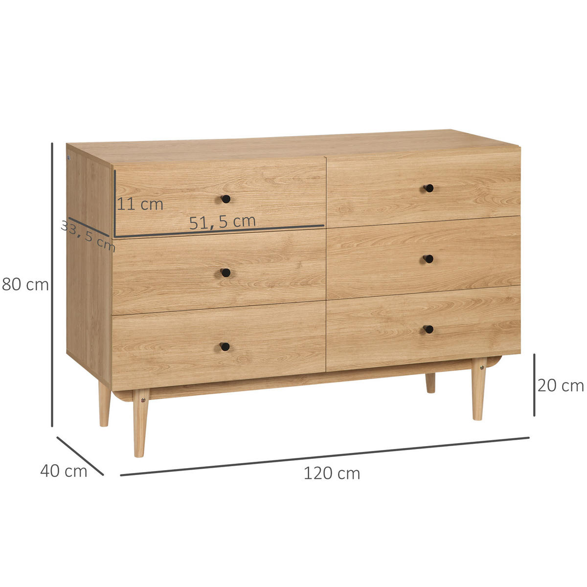 KOMMODE Holzfarben 120/40/80 cm mit 6 Schubladen - Braun, Holzwerkstoff (120/80/40cm) - PANGIVO