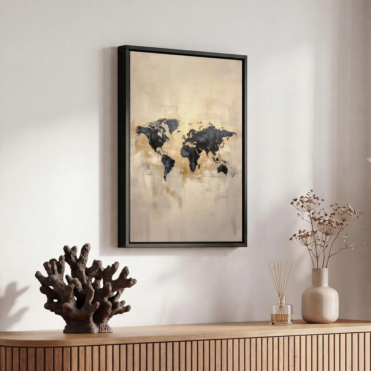 LEINWAND Bilder mit Rahmen - Weltkarte - Gold - Schwarz - Abstrakt - 20x30 - Kupferfarben, Textil (20/30cm) - MuchoWow