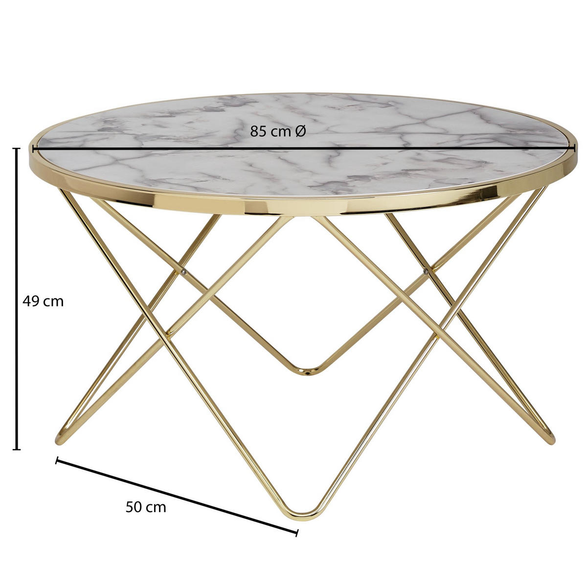 COUCHTISCH in Marmor-Optik mit filigranem Metallgestell in Gold - Goldfarben, Holz/Metall (85/85/49cm) - KADIMA DESIGN