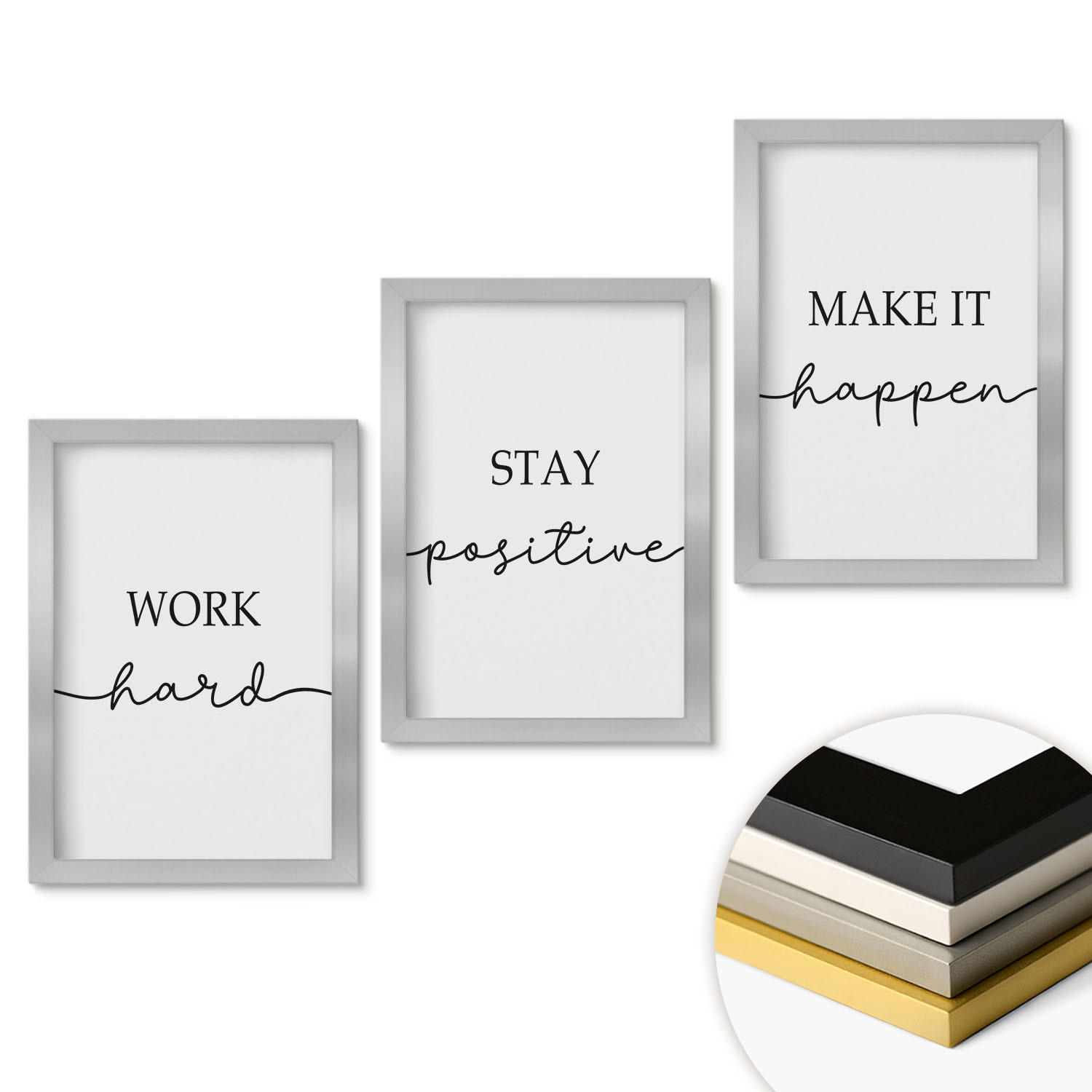 WANDBILDER 3er Set - 20x30 cm Silberner Rahmen - Minimalistische Motivationsinschriften - Silberfarben, Kunststoff (20/30cm) - ArtPrintCave