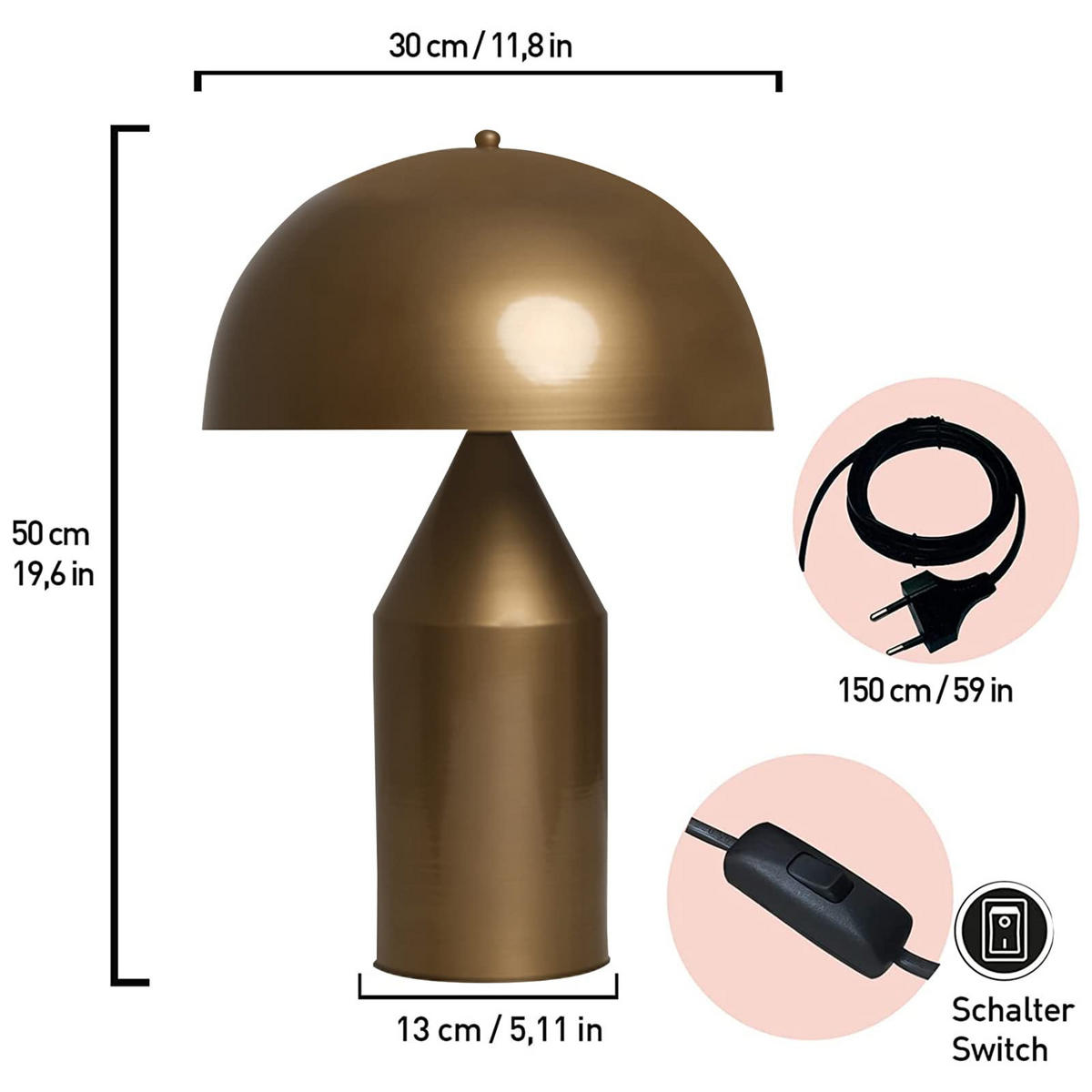 TISCHLEUCHTE Pilzlampen 50/30 - Messingfarben, Metall (30/50cm) - Bamyum