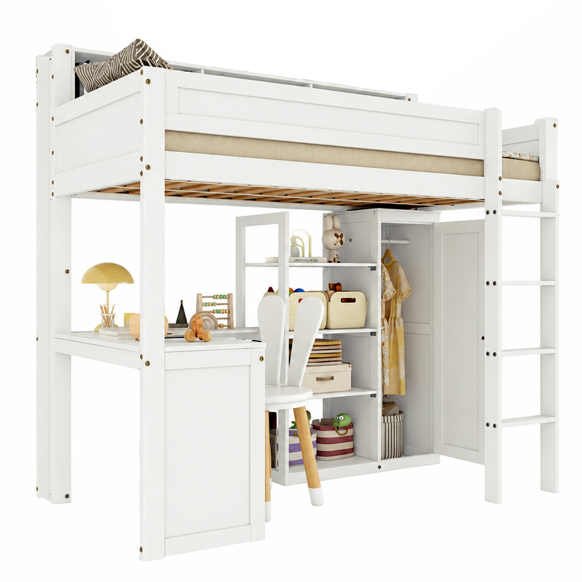 ETAGENBETT 90/200 cm in Weiß mit Regal, Tisch und Kleiderschrank - Weiß, Holz/Holzwerkstoff (90/200cm) - WISHDOR