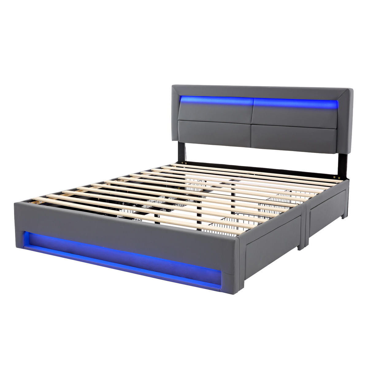 BETT mit LED, USB und 4 Schubladen 140x200 cm PU Grau - Grau, Metall (140/200cm) - Meubliv