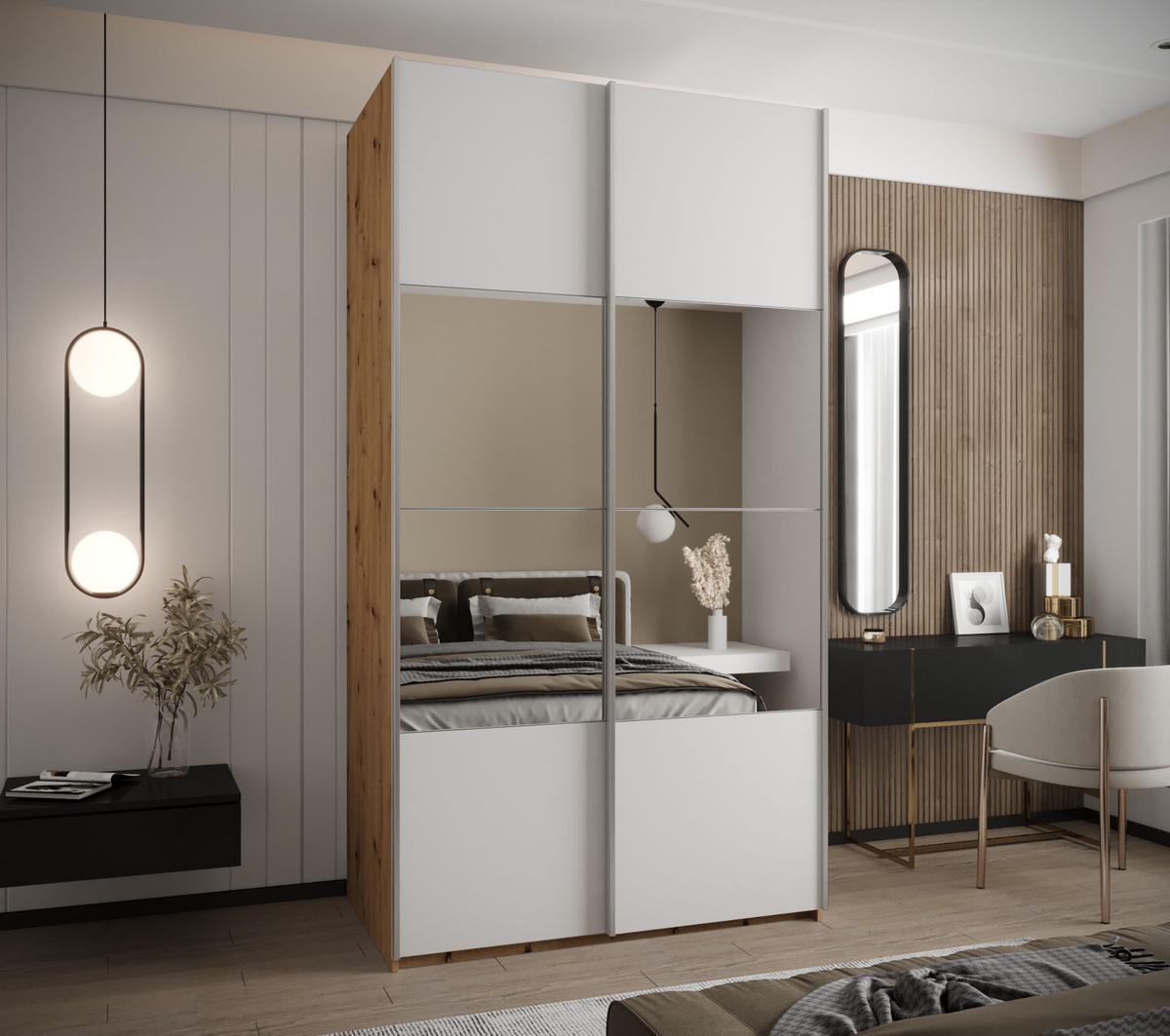 SCHWEBETÜRENSCHRANK 245,5/140/64 2-türig - Silberfarben/Weiß, Holz/Metall (140/245/64cm) - Abiks Möbel