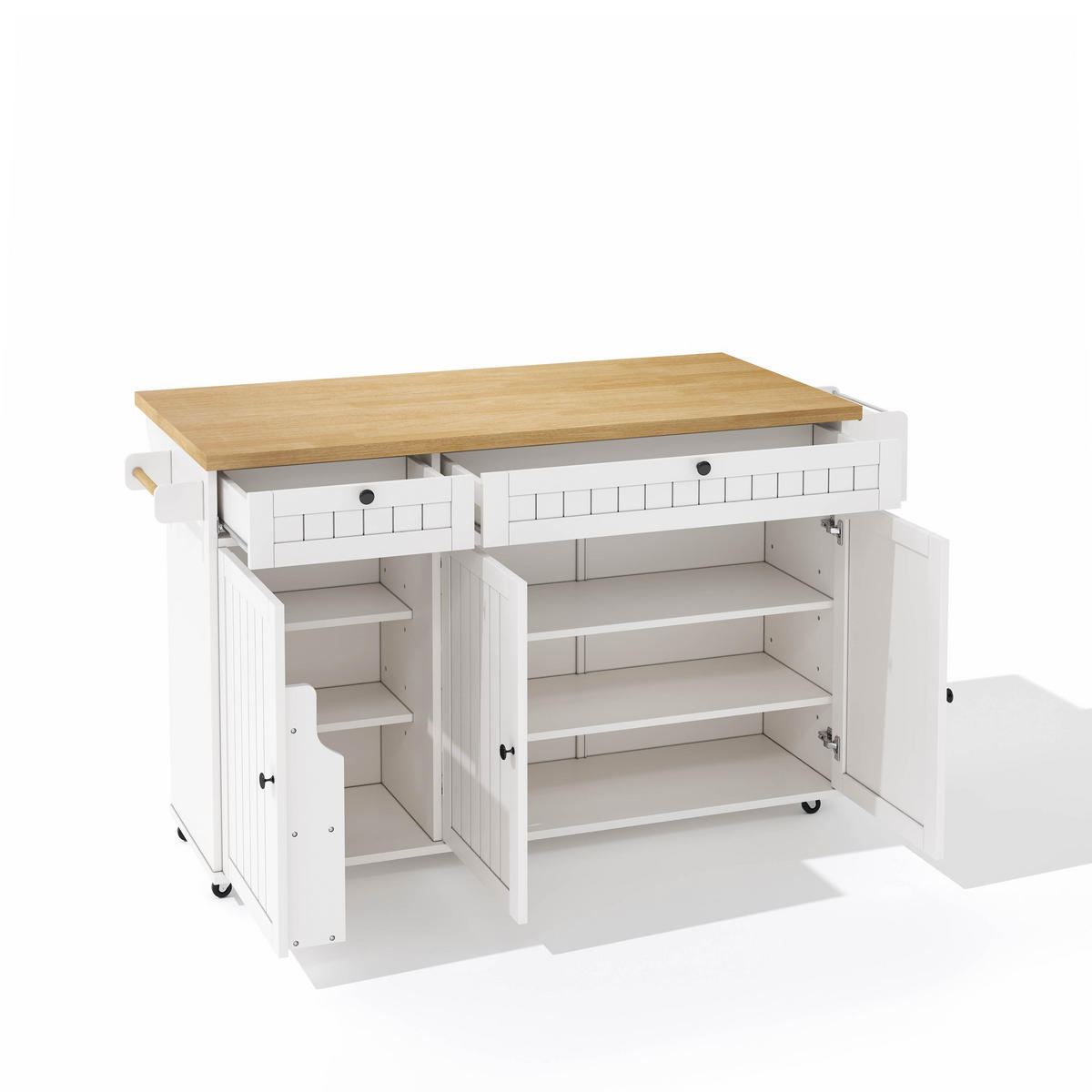 KÜCHENINSEL mit Rollen Weiß mit Klappplatte, 2 Schubladen, Schrank und Türregal - Weiß, Holz/Holzwerkstoff (137/89.5/70cm) - Oxeza