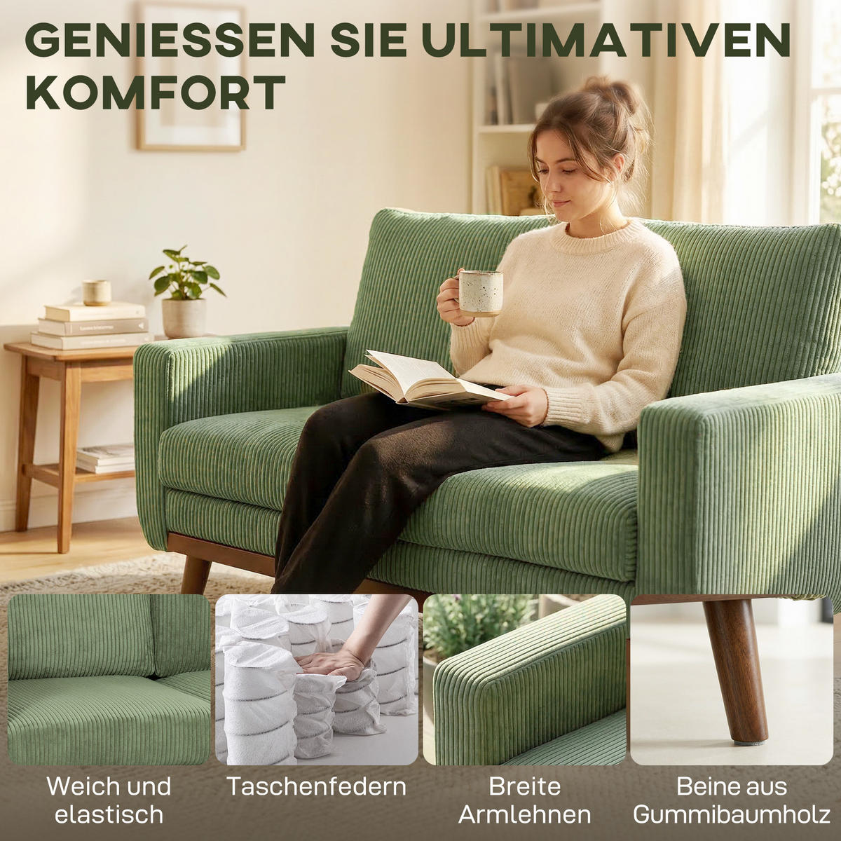 SOFA, 2-Sitzer, Cord, dicke Rückenlehne, Taschenfedern, grün, 134cm - Multicolor, Holzwerkstoff (134/84/74cm) - FORIOUS
