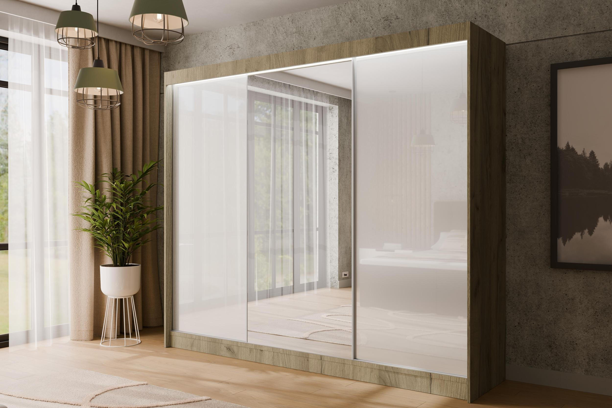 KLEIDERSCHRANK VESLI mit LED - 250 cm - Braun|Weiß - Braun/Weiß, Holzwerkstoff (250/215/61cm) - ALTDECOR