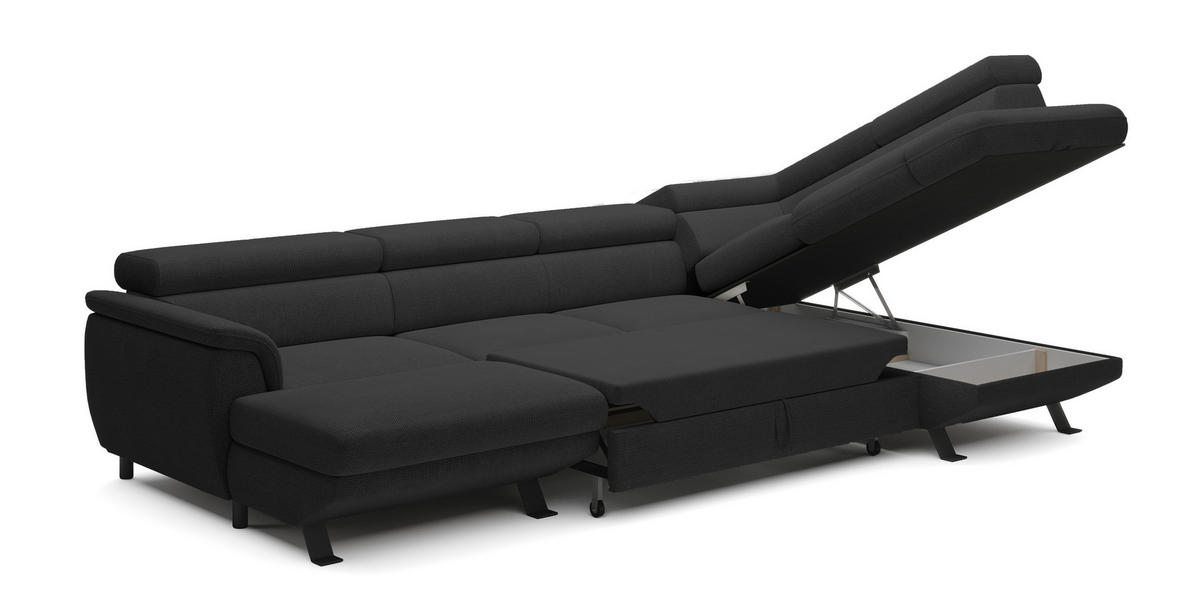 ECKSCHLAFSOFA Raven XL, Verstellbaren Kopfstützen, Bettkasten, Großes Sofa 334x198x162cm Rechte, Anthrazit - Anthrazit, Holz/Textil (334/198cm) - DomoHome