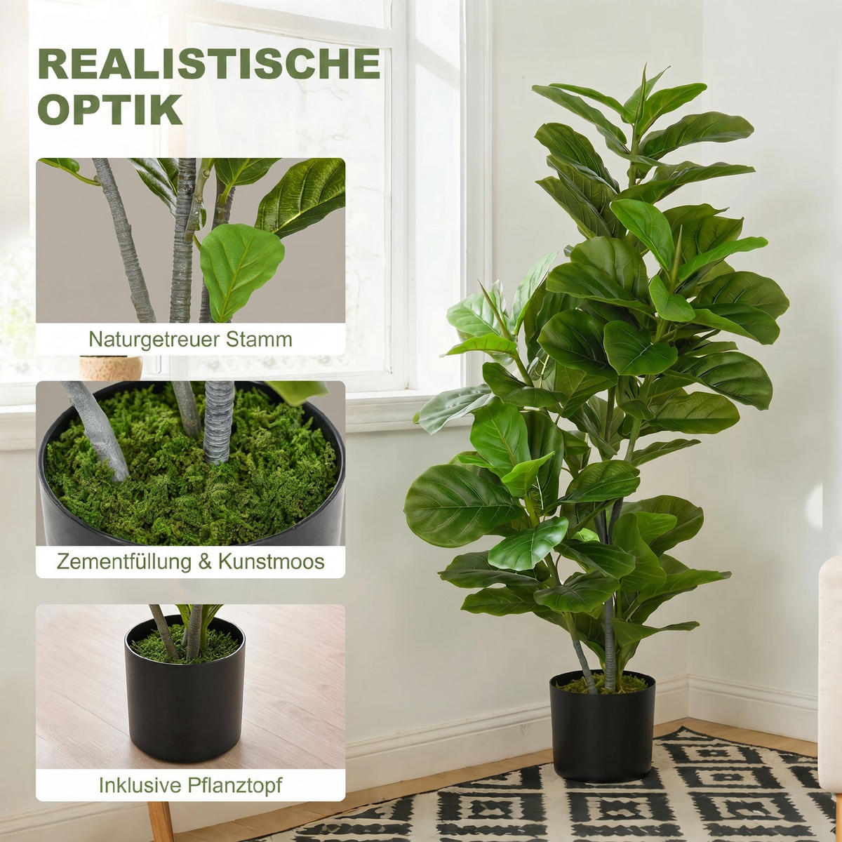KUNSTPFLANZE, Künstliche Ficus-Pflanze 110 cm, mit Topf & Blättern, für Wohnzimmer, Grün - Multicolor, Kunststoff (110cm) - FORIOUS