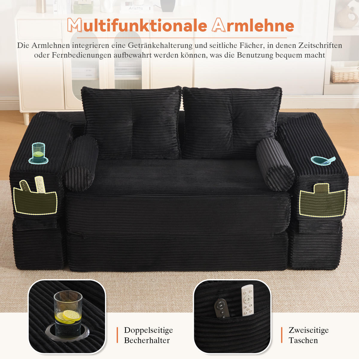 SCHLAFSOFA mit Cordbezug, Federkern, Memory-Kissen und Getränkehalter - Schwarz, Textil (180/80/98cm) - EVRYAE