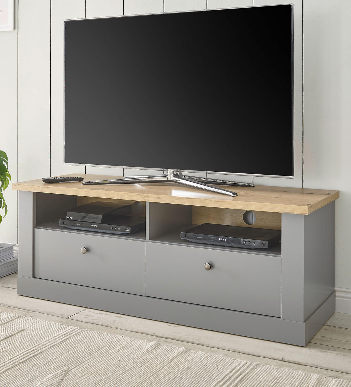 TV-LOWBOARD grau, Artisan Eiche Landhaus 132 cm, TV Unterteil mit Schubladen - Silberfarben/Eiche Artisan, Holzwerkstoff/Metall (132/48/44cm) - Furn.Design